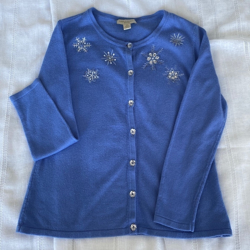 Appleseed cerulean blue snow cardigan.